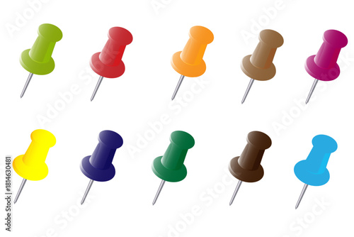 Colorful push pin set. Pushpin for notice paper or corkboard. Notice board pins. 3d illustration icon isolated on transparent background
