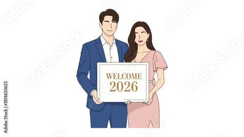 Welcoming 2026: A couple welcomes the new year, holding a sign of the upcoming year, symbolizing hope and fresh beginnings. 
