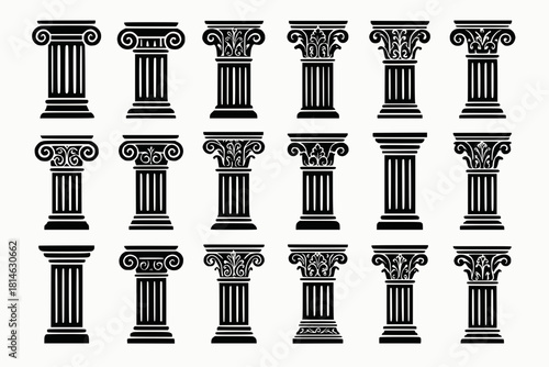 Architectural Column Icons with Scrollwork Acanthus Leaves Volutes Fluted Shafts and Ornate Bases in Black Silhouettes on White Background