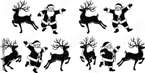 Santa Claus and Reindeer Vector Silhouette Icon Set, Traditional Christmas Figures in Dynamic Poses, Ideal for Holiday Greeting Cards, Xmas Flyers, and Festive Season Design.