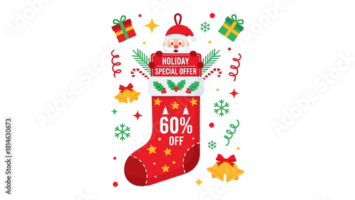 Holiday Offer: Festive Christmas stocking overflowing with holiday offers, adorned with Santa Claus and festive decorations.