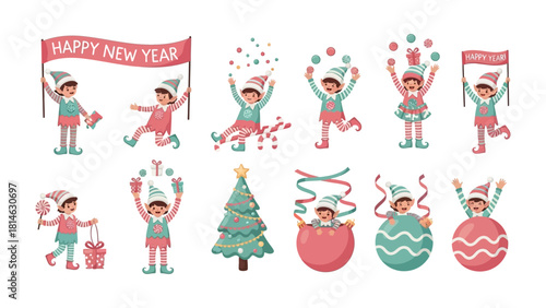 Joyful New Year Elves: A collection of festive elves brings the magic of New Year, full of celebration and joy. The illustrations are detailed, full of vibrant colors, and charming details. 