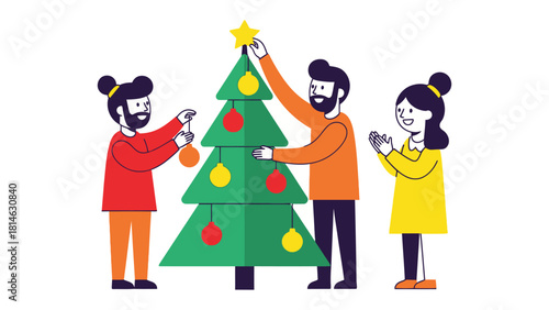 Christmas Family Together: A family joyfully decorates a Christmas tree, the heart of the holiday season, embracing togetherness and festive cheer. 