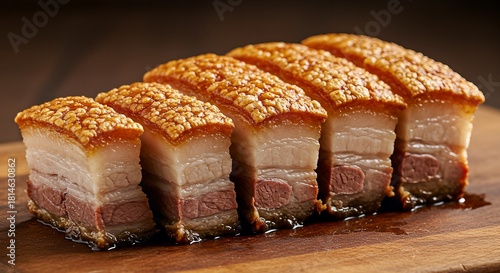 Close-up shot of delicious crispy pork belly slices on a wooden cutting board.