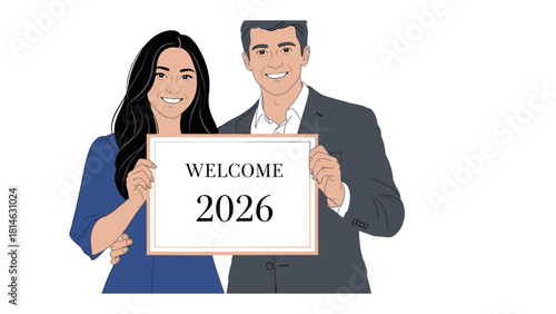 Embracing the Future: A couple holds a sign that warmly welcomes the year 2026, symbolizing a forward-looking embrace of new possibilities, hope, and optimism.