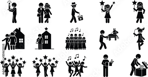 Set of celebration stick figures icon set depicting people singing Christmas carols, holding festive stars, receiving and opening gifts, and celebrating holidays with friends and family at home.
