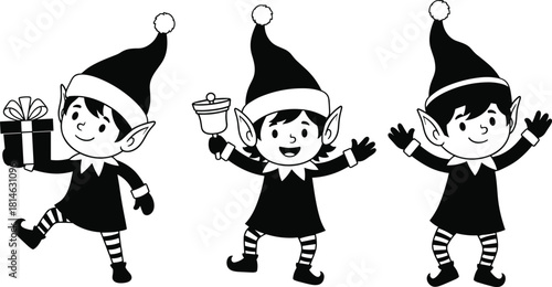 Set of cute cartoon Christmas holiday cheerful elf character poses holding gift box and ringing bell silhouette vector illustration graphic design element for festive decoration