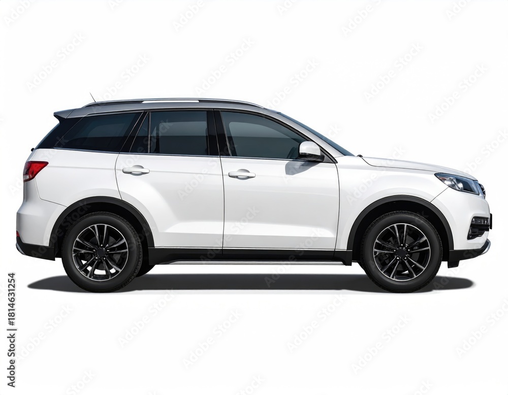 Fototapeta premium White SUV profile, sporty wheels, rooftop carrier, side view