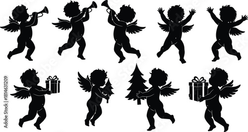 Set of playful Christmas or Valentine's Day cherubs and cupid angels silhouette holding trumpets, holiday gift boxes, and a festive pine tree, celebrating with joyful poses and heavenly wings.