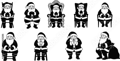 Set of Santa Claus Vector Illustration Silhouettes, Jolly St. Nick Sitting on Various Chairs, Throne, and Floor with Sack, Black and White Festive Christmas Graphic Clipart Collection.