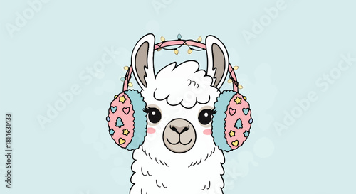 Cute cartoon llama wearing fluffy earmuffs decorated with stars and lights against a soft blue background.