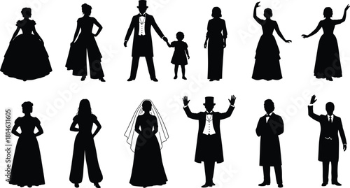 Victorian Era Formal Attire People Silhouette Vector Set, Vintage Men in Tuxedos and Top Hats, Women in Ball Gowns and Dresses, Historical Dance Party Group Poses.