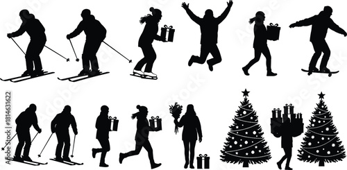 Winter Holiday Activities Vector Silhouette Set, Skiing, Ice Skating, Jumping, and Carrying Gifts, Plus Decorated Christmas Trees, Ideal for Seasonal Sports and Festive Design.