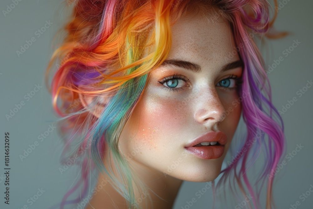 Fototapeta premium A beautiful woman with striking vibrant hair and expertly applied makeup. This image captures a moment of confidence and style, perfect for advertising cosmetics, fashion, or beauty products.