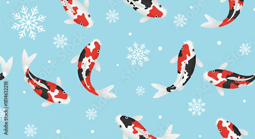 Seamless pattern of colorful koi fish swimming among white snowflakes on a light blue background.