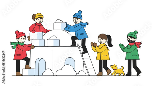 Winter Fortress: A spirited group of friends collaborates to build a whimsical snow fort, the crisp winter air invigorating their playful efforts.