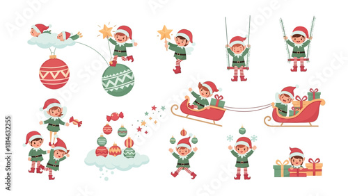 Whimsical Christmas Elf Collection: A delightful collection of festive elves engaging in a variety of playful activities, all set against a backdrop of holiday cheer.