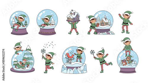 Whimsical Snow Globe Collection: A delightful compilation of snow globes, each housing a playful elf engaged in various winter activities.