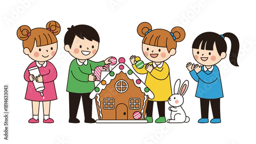 Joyful Gingerbread Crafting: A group of enthusiastic children collaborate, decorating a gingerbread house with cheerful smiles and infectious glee, embodying the warmth of festive season.