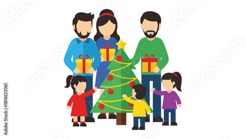 Joyful Family Christmas: A lively family scene unfolds around a brightly decorated Christmas tree, with gifts ready to be unwrapped, capturing the spirit of togetherness and festive cheer.