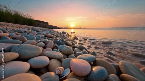 Smooth Pebble Beach Shoreline at Golden Sunset.