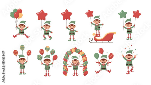 Christmas Elf Characters: A collection of charming cartoon elves, depicted in a series of festive poses, each carrying balloons and radiating holiday cheer.