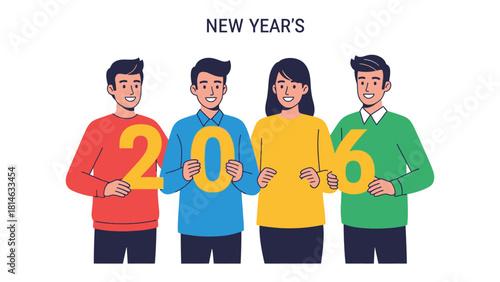 New Year's Celebration: Four individuals of diverse backgrounds join together, holding the numbers 2016, symbolizing the dawn of a fresh year with shared optimism and aspirations. 