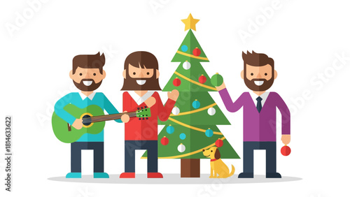 Christmas Gathering: Festive trio celebrate the holidays, surrounded by cheer, music, and the timeless charm of a decorated Christmas tree. 