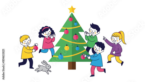 Holiday Cheer and Joy: Children are filled with festive cheer as they decorate a Christmas tree, filled with colorful ornaments and bright lights.