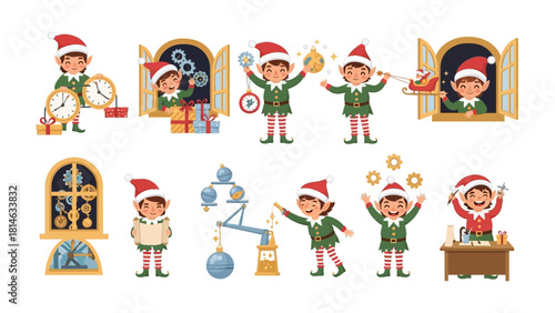 Elves at Work: Festive elves, full of holiday spirit, are shown working in their workshop, showcasing various activities, conveying festive atmosphere.