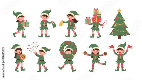 Merry Elves in Action: A lively depiction of cheerful elves engaged in various festive tasks, embodying the joyful spirit of the holiday season, with gifts and decorations. 