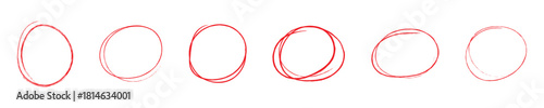 ovals and circles. Ellipses pencil doodle style set. Red round rough thin frames. Round freehand shapes, emphasis highlights. Vector elements for hand drawn diagrams