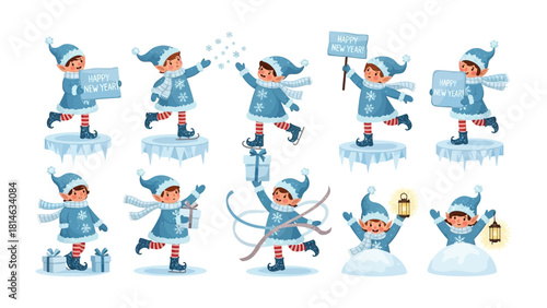Festive Elves in Winter Wonderland: A whimsical illustration of cheerful elves frolicking in a winter wonderland, surrounded by glistening ice and a joyful celebration. 