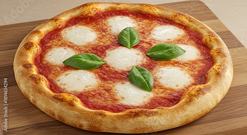 A freshly baked Margherita pizza with vibrant tomato sauce, melted mozzarella cheese, and fresh green basil leaves, served on a wooden board.