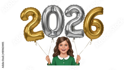 New Year's Eve 2026: A charming girl holds aloft the upcoming year in a vibrant celebration, symbolizing the promise of new beginnings and joyous anticipation.