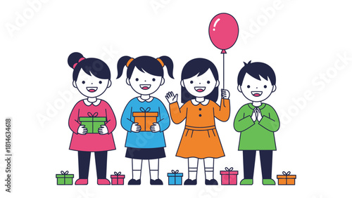 Children's Celebration: Four young children, each with radiant smiles, share the joy of a special occasion, holding gifts and balloons that speak of togetherness.