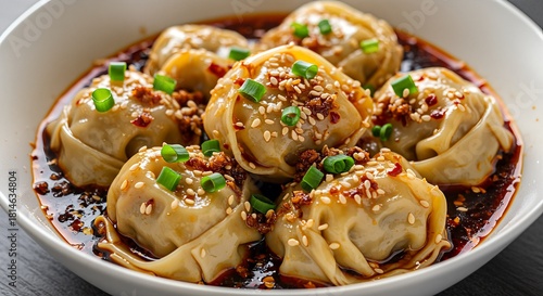 A bowl of dumplings in a dark sauce, garnished with sesame seeds and green onions.
