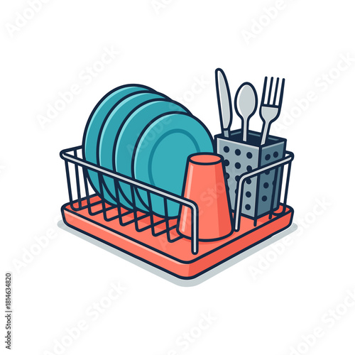 Dish Rack with Clean Dishes and Utensils icon logo flat vector design