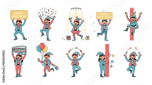 Festive Elves: A playful collection of elves celebrates the New Year with joyous antics, signs, gifts, confetti, and party. capturing the festive spirit.