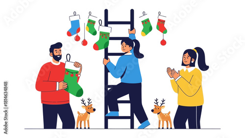 Christmas Preparation: A cheerful group adorns a ladder with festive stockings, preparing for the upcoming Christmas holiday, embracing the spirit of togetherness and festive decorations.