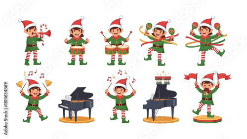 Festive Musical Elves: A whimsical ensemble of elves joyfully making music with a symphony of instruments to celebrate holiday spirit, dancing in festive outfits.