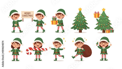 Whimsical Christmas Elf: Festive illustrations showcasing the holiday spirit with charming elves, decorated trees, and gift-giving celebrations. Capturing the joy of giving, the magic of the season.