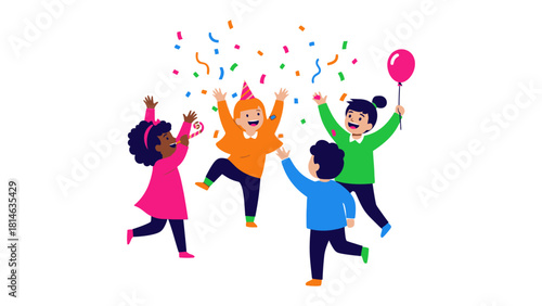 Joyful Celebration of Childhood: A vibrant illustration capturing the innocent joy of childhood, with children throwing confetti and celebrating with excitement.