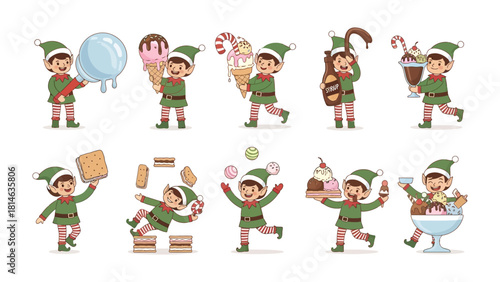 Sweet Elf's Treats: Delightful elves joyfully interact with delectable sweets in a charming, playful illustrated collection of tempting dessert and fun.