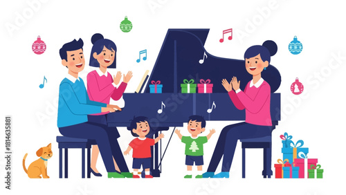 Christmas Family Piano Performance: An illustration of a cheerful family gathered around a grand piano, engaged in a festive piano performance. Embodying holiday cheer.