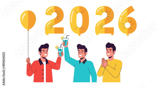New Year's Toasting in 2026: Friends toast with joy, celebrating the arrival of the year 2026, holding refreshing drinks in a vibrant illustration.