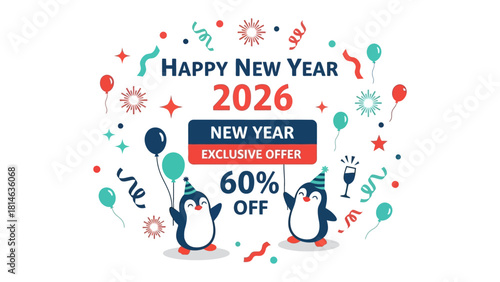 New Year Offer: Animated penguins hold up signs promoting an exclusive deal for the new year, surrounded by festive decorations, balloons, confetti and stars. 