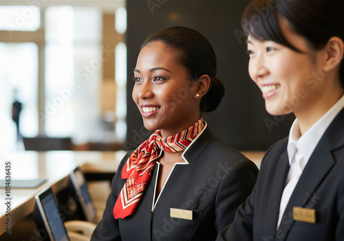 外国人労働者が、日本のホテル（フロント）で働くイメージ