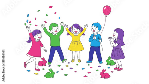 Joyful Childhood Celebration: A group of vibrant children joyfully celebrate with confetti and a balloon, creating a cheerful atmosphere of carefree innocence.
