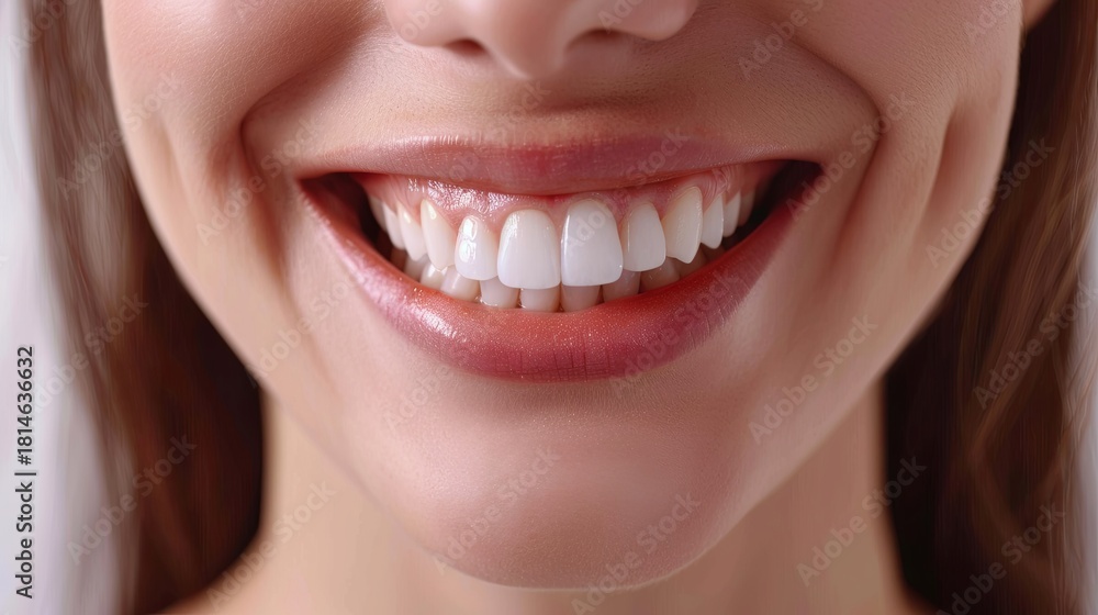 Fototapeta premium Close-up of a perfect female white smile - healthy teeth and beautiful lips. Dental care concept. Best stock image, new quality